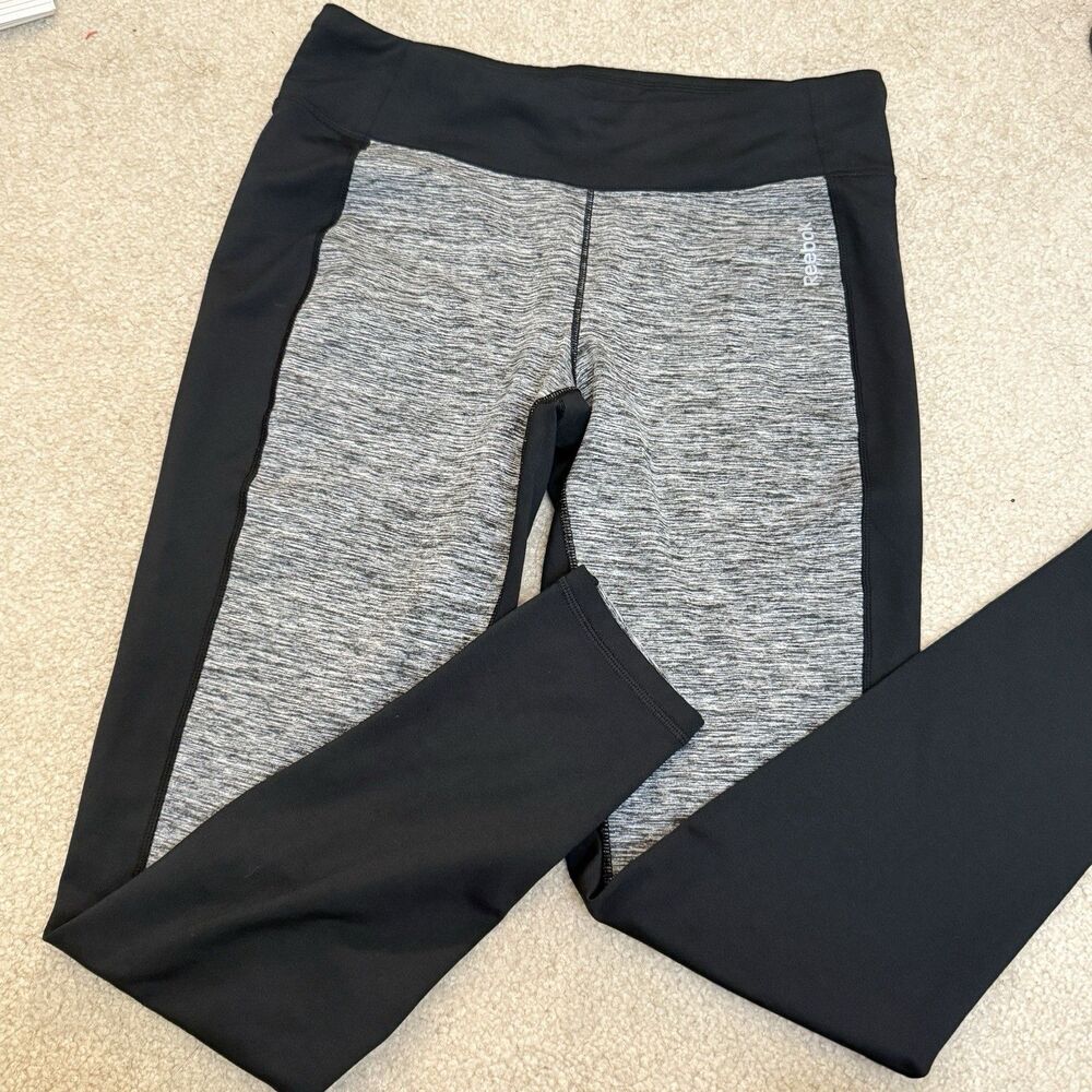 Reebok womens l workout Leggings Large Black Gray stretchy gym fitted slim A3
